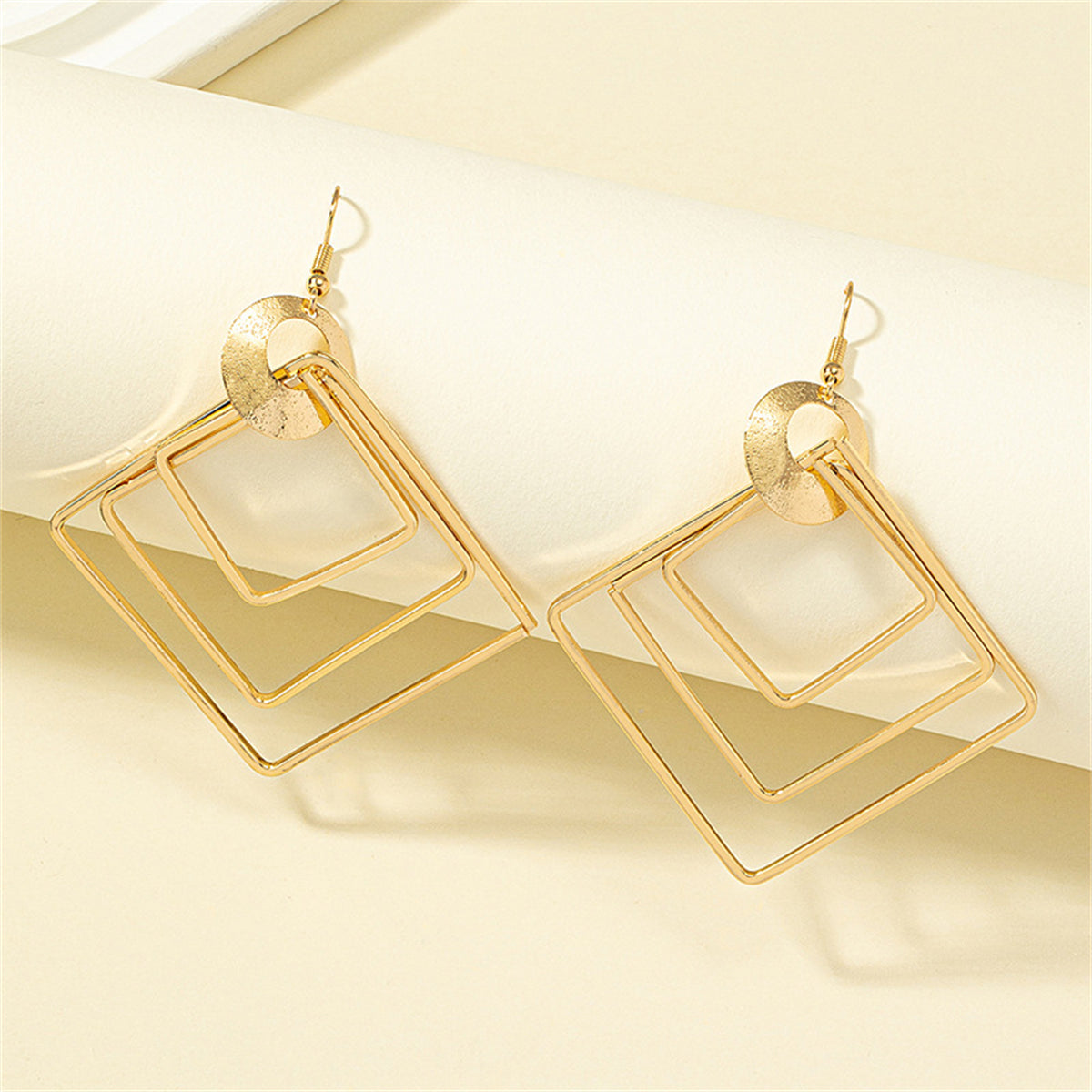 18K Gold-Plated Large Stacked Rhombus Drop Earrings, gold drop earrings for women, everyday style, detail close-up