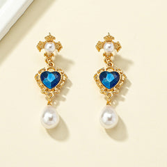 Blue Crystal & Pearl 18K Gold-Plated Floral Heart Drop Earrings