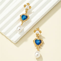 Blue Crystal & Pearl 18K Gold-Plated Floral Heart Drop Earrings