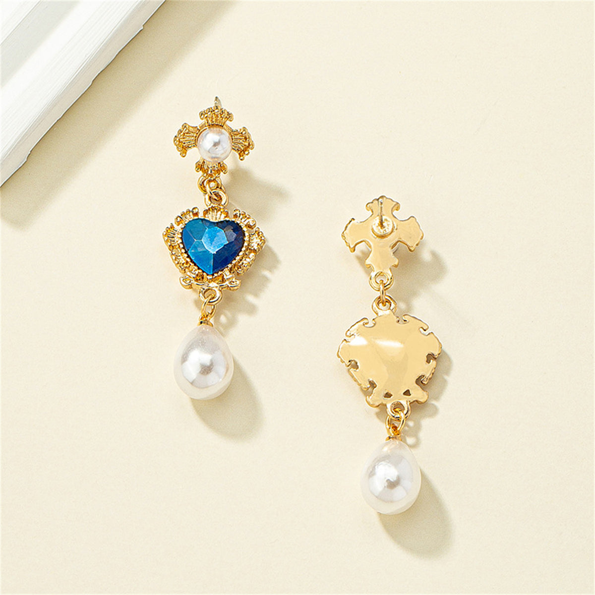 Blue Crystal & Pearl 18K Gold-Plated Floral Heart Drop Earrings
