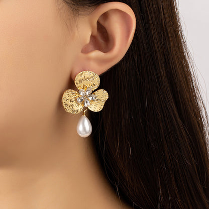 Crystal and Pearl 18K Gold-Plated Floral Drop Earrings, gold drop earrings for women, elegant gift for her, front view