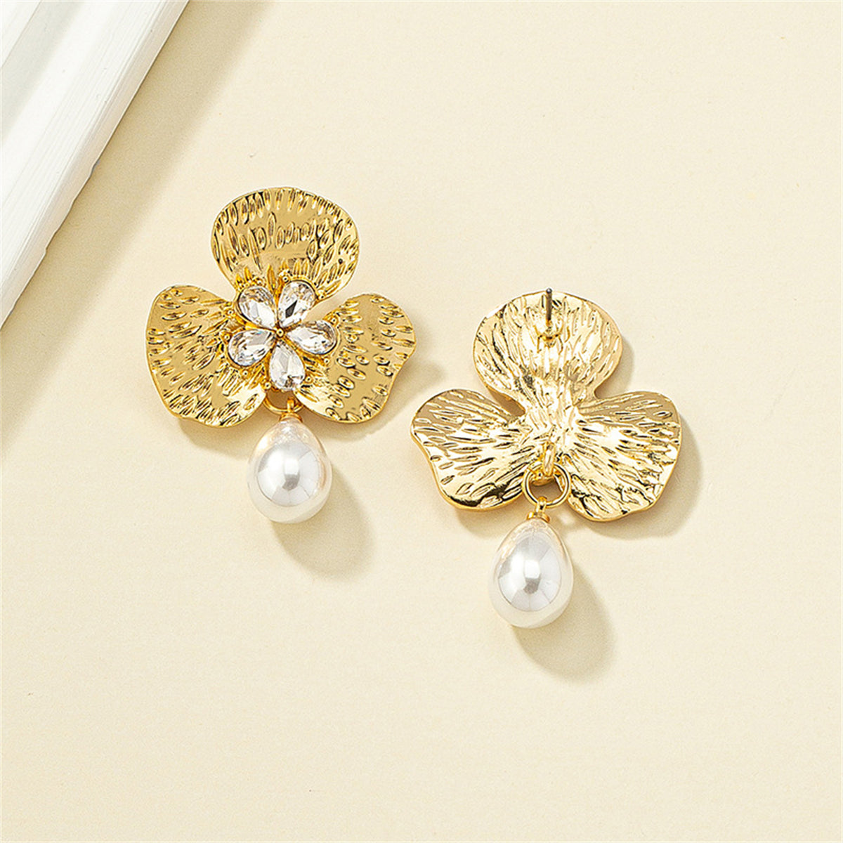 Crystal and Pearl 18K Gold-Plated Floral Drop Earrings, gold drop earrings for women, elegant gift for her, styled look