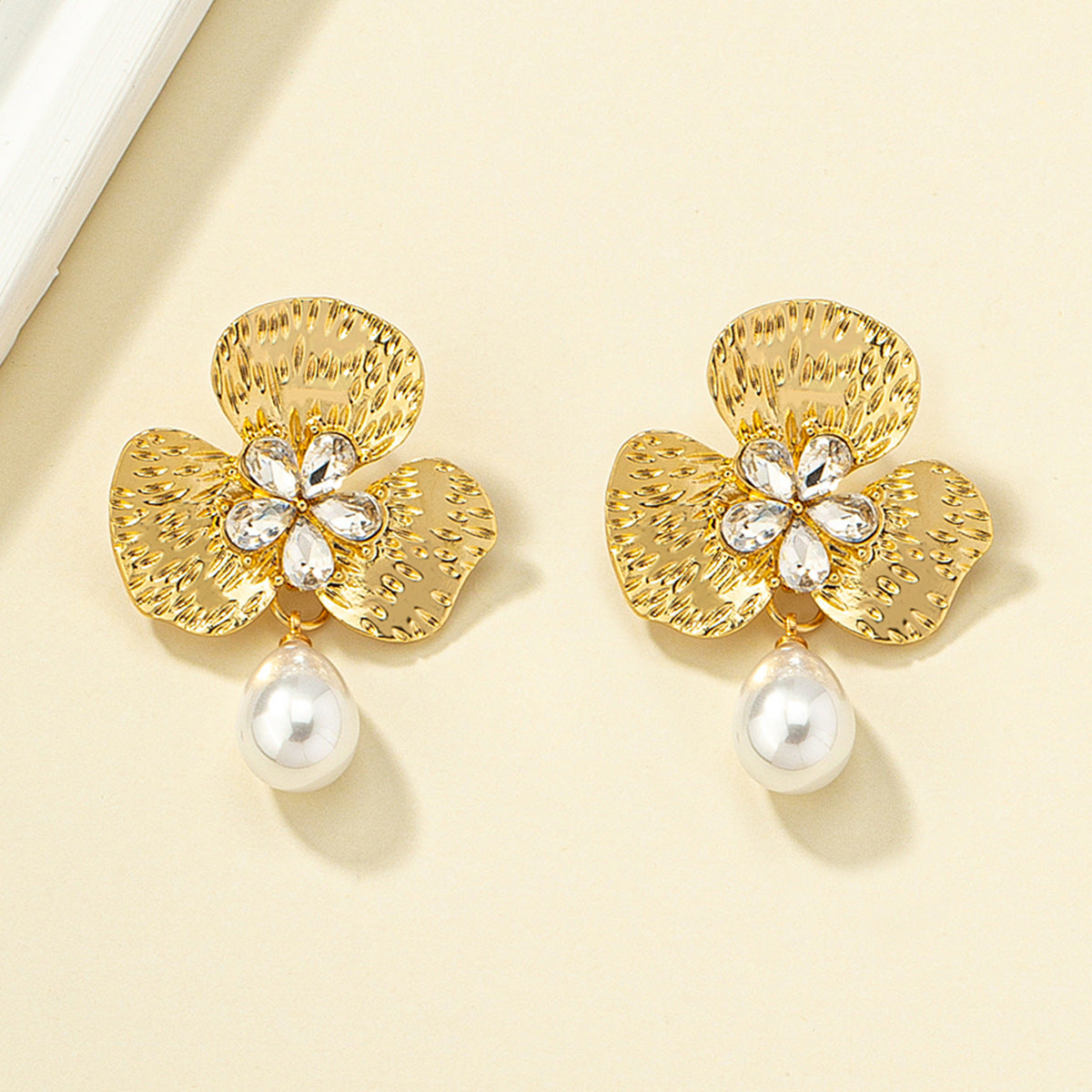 Crystal and Pearl 18K Gold-Plated Floral Drop Earrings, gold drop earrings for women, elegant gift for her, side view