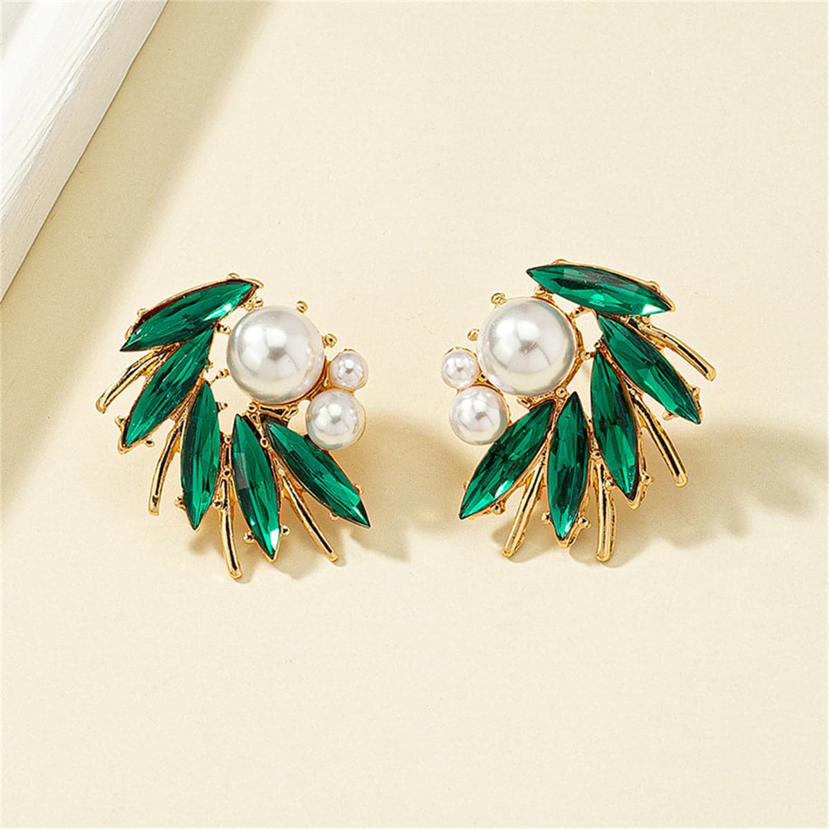 Green Crystal and Pearl 18K Gold-Plated Marquise-Cut Stud Earring, gold stud earrings for women, front view