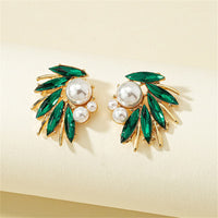 Green Crystal & Pearl 18k Gold-Plated Marquise-Cut Stud Earring