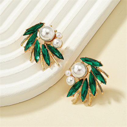 Green Crystal and Pearl 18K Gold-Plated Marquise-Cut Stud Earring, gold stud earrings for women, detail close-up