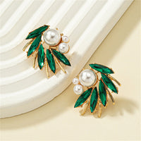 Green Crystal & Pearl 18k Gold-Plated Marquise-Cut Stud Earring