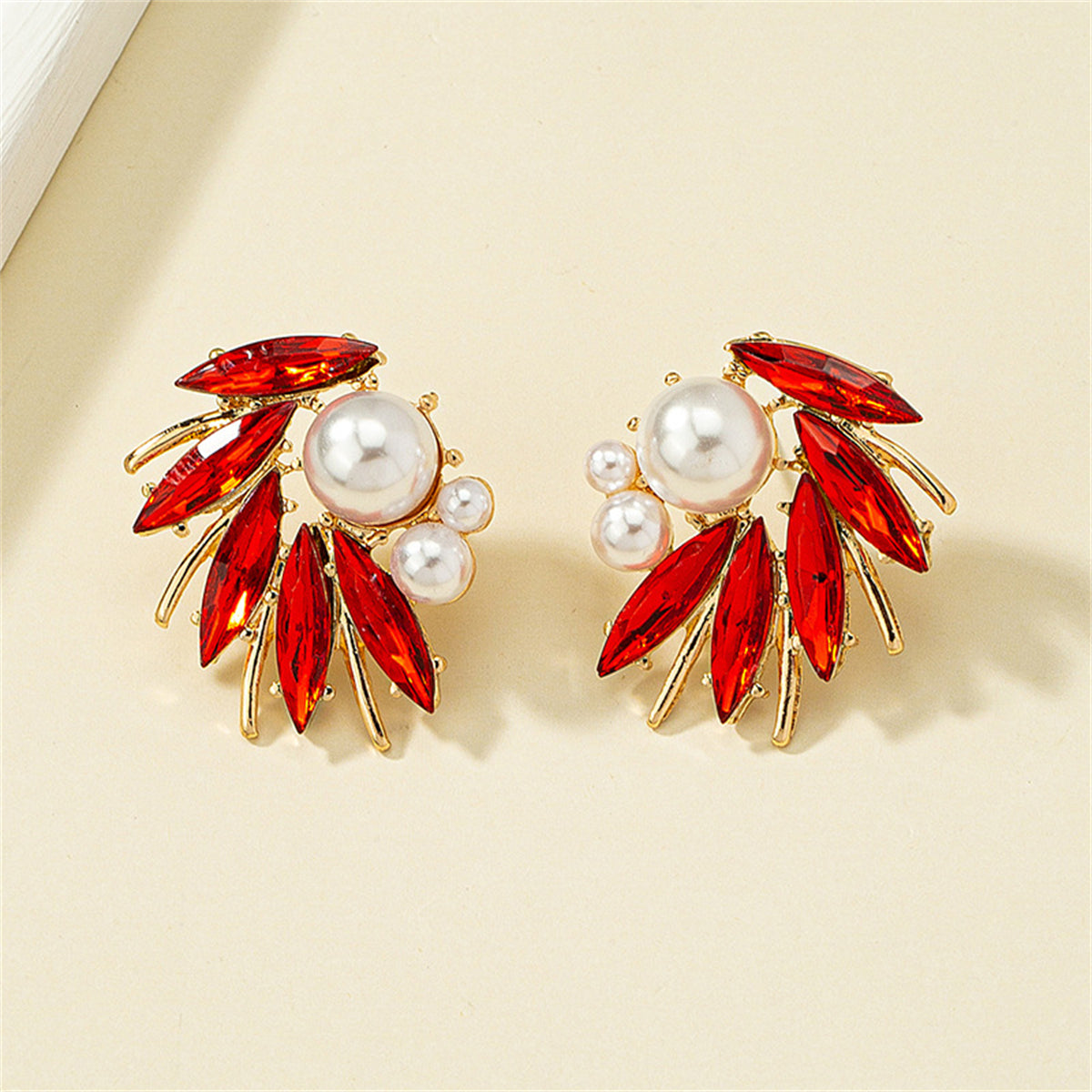 Red Crystal & Pearl 18K Gold-Plated Marquise-Cut Stud Earring