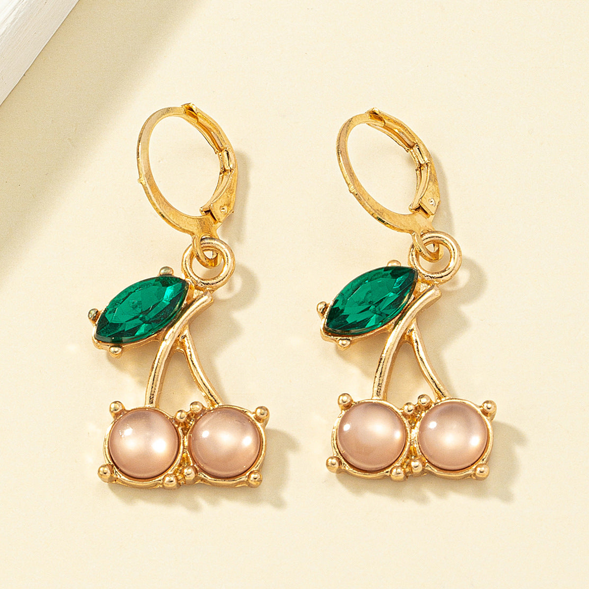 Crystal and 18K Gold-Plated Cherry Charm Huggie Earrings, gold huggie earrings, elegant gift for her, front view