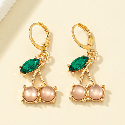 Crystal and 18K Gold-Plated Cherry Charm Huggie Earrings, gold huggie earrings, elegant gift for her, front view
