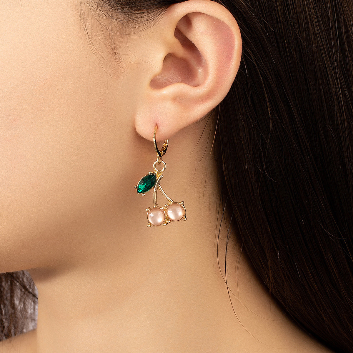 Crystal and 18K Gold-Plated Cherry Charm Huggie Earrings, gold huggie earrings, elegant gift for her, styled look