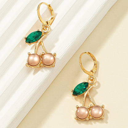 Crystal and 18K Gold-Plated Cherry Charm Huggie Earrings, gold huggie earrings, elegant gift for her, detail close-up