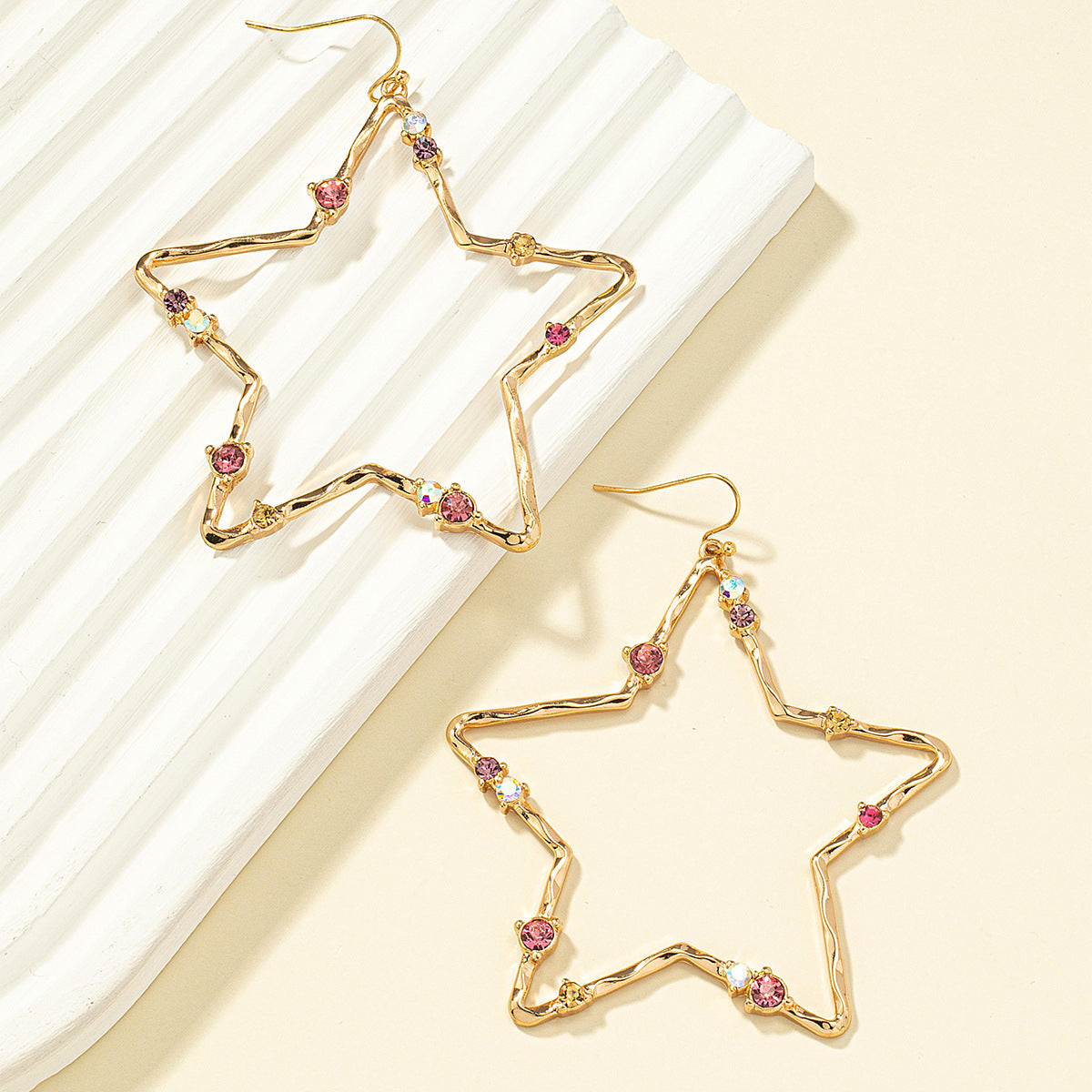 Pink Cubic Zirconia and 18K Gold-Plated Openwork Star Drop Earrings, gold drop earrings for women, front view