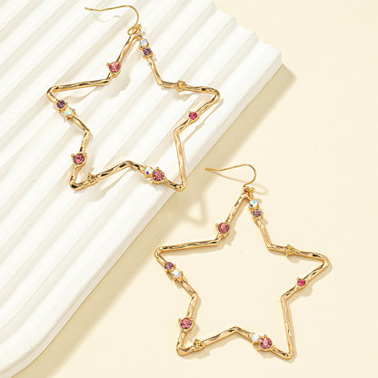 Pink Cubic Zirconia and 18K Gold-Plated Openwork Star Drop Earrings, gold drop earrings for women, front view