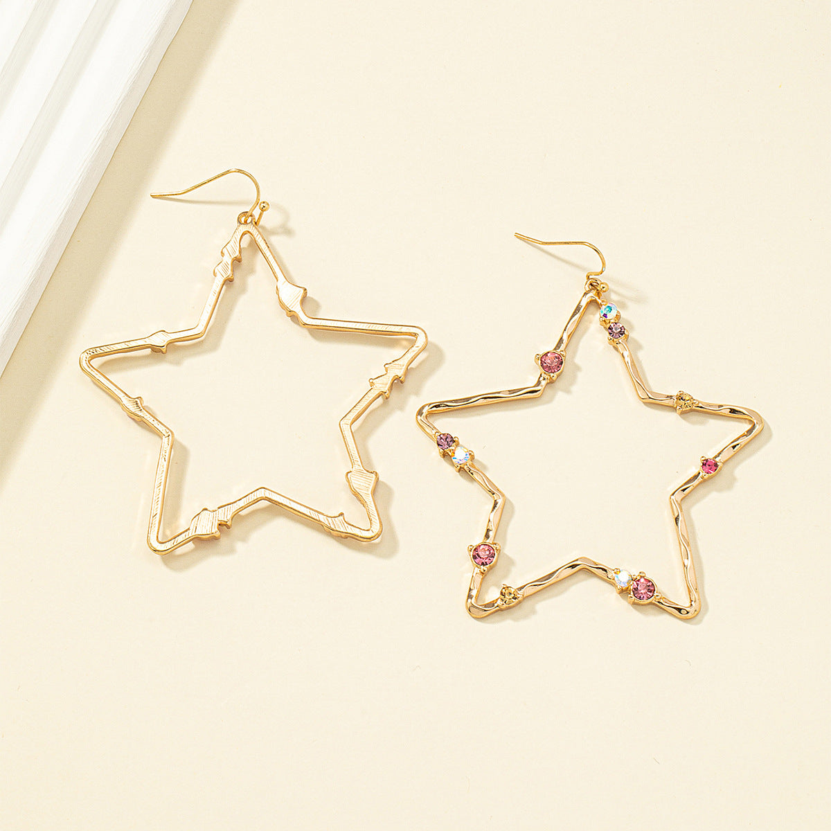 Pink Cubic Zirconia and 18K Gold-Plated Openwork Star Drop Earrings, gold drop earrings for women, detail close-up