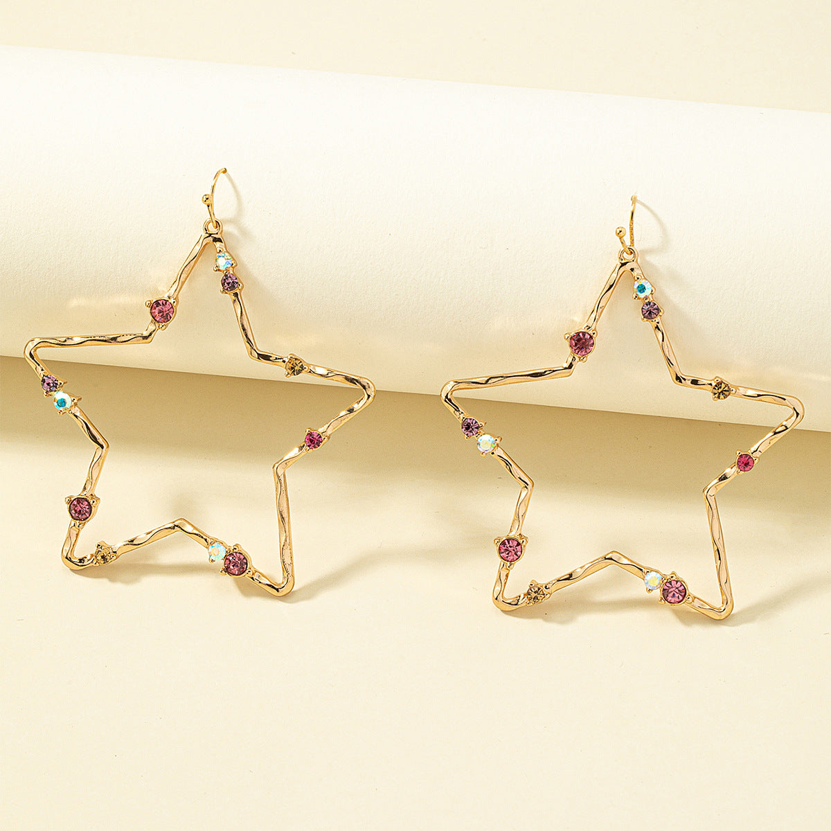 Pink Cubic Zirconia and 18K Gold-Plated Openwork Star Drop Earrings, gold drop earrings for women, lifestyle look