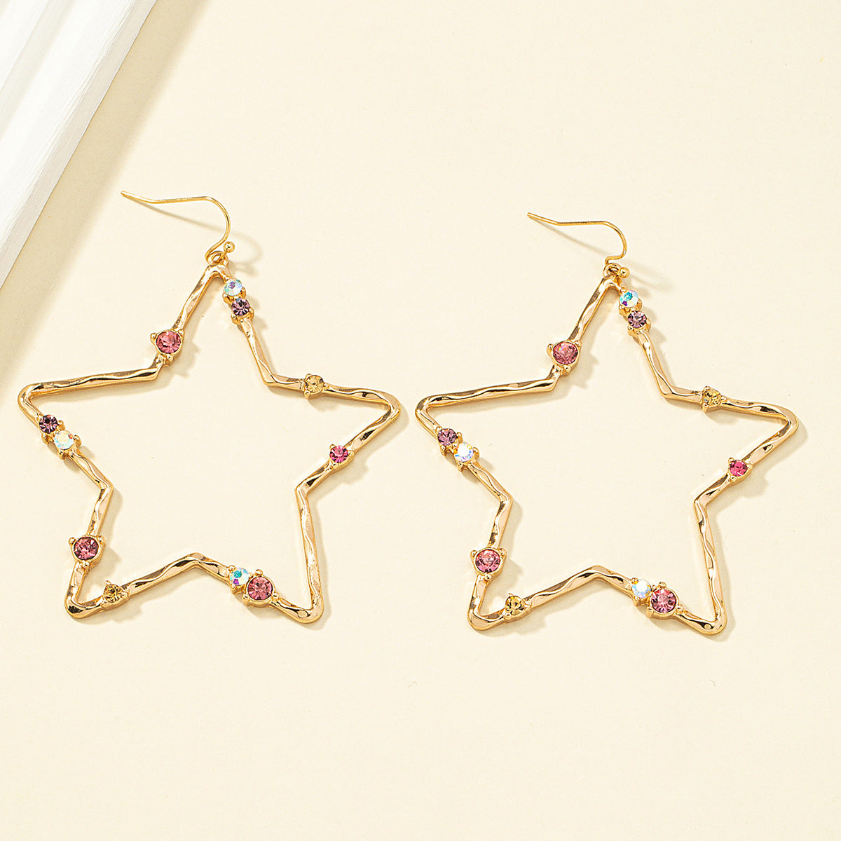 Pink Cubic Zirconia and 18K Gold-Plated Openwork Star Drop Earrings, gold drop earrings for women, side view