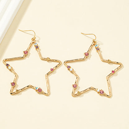 Pink Cubic Zirconia and 18K Gold-Plated Openwork Star Drop Earrings, gold drop earrings for women, side view