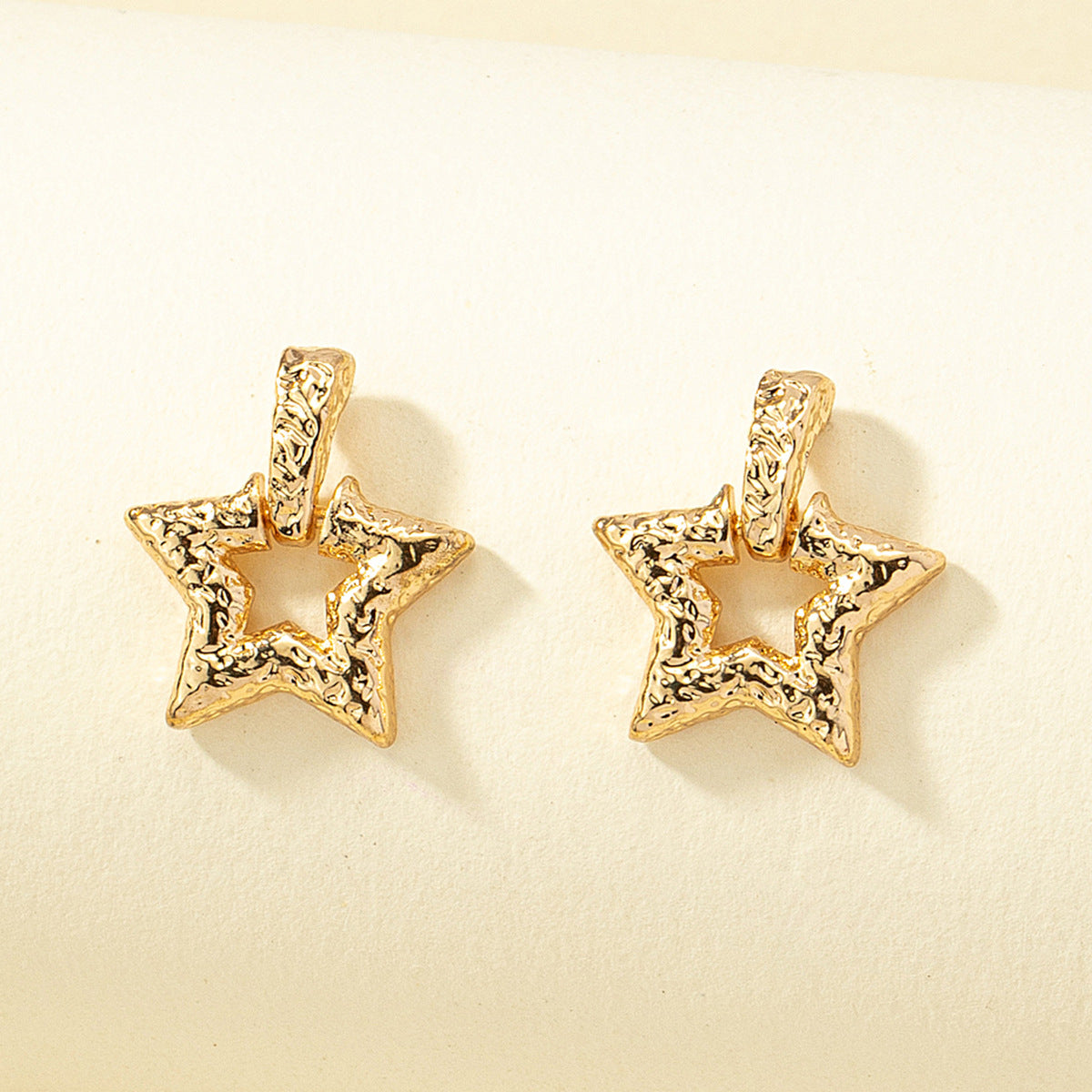 18K Gold-Plated Textured Star Drop Earrings, gold drop earrings for women, elegant gift for her, lifestyle look