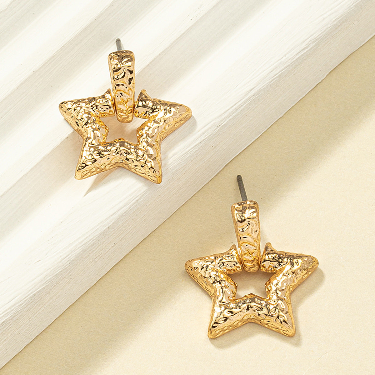 18K Gold-Plated Textured Star Drop Earrings, gold drop earrings for women, elegant gift for her, detail close-up