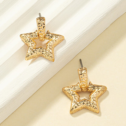 18K Gold-Plated Textured Star Drop Earrings, gold drop earrings for women, elegant gift for her, detail close-up