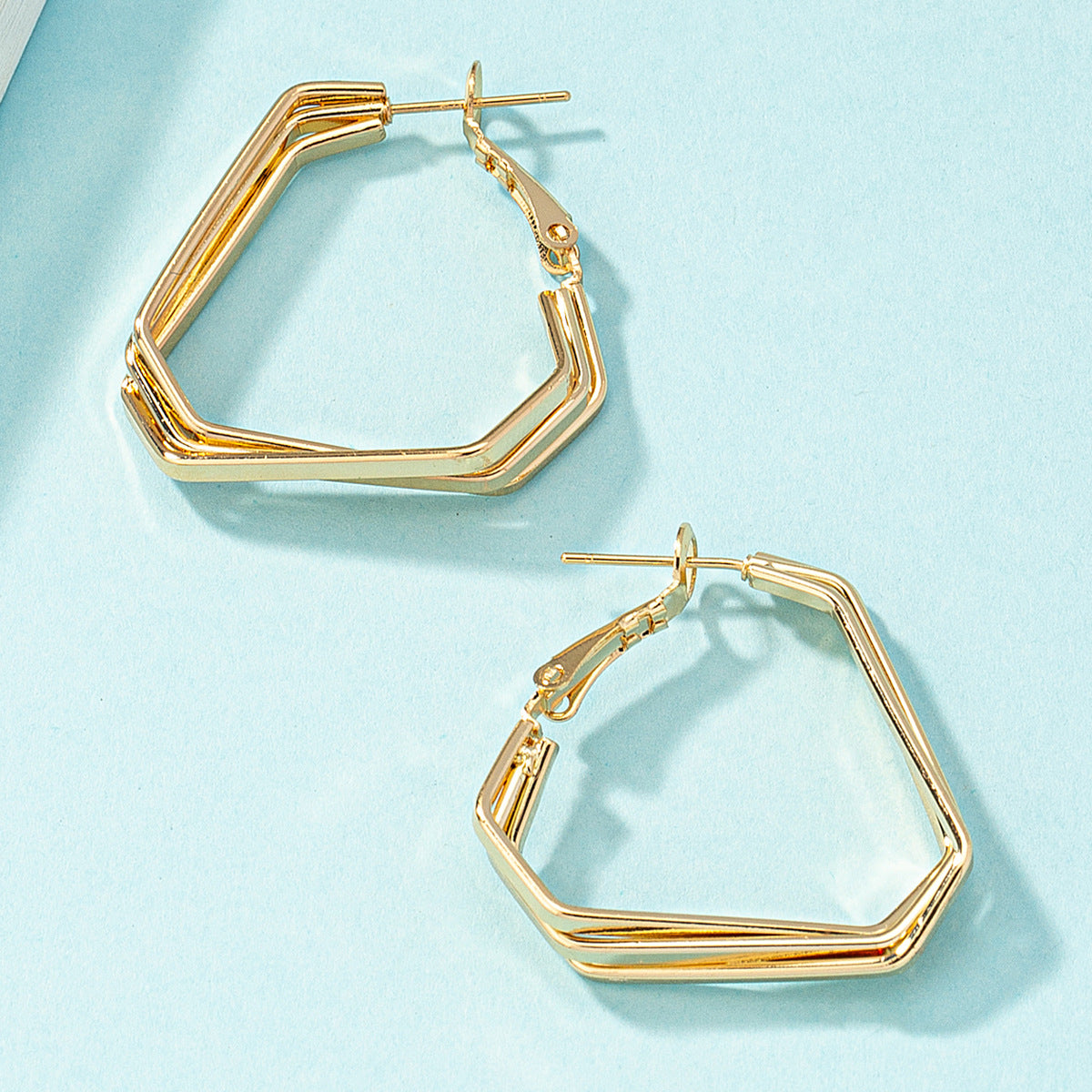 18K Gold-Plated Stacked Geometric Huggie Earrings, gold huggie earrings, everyday style, side view