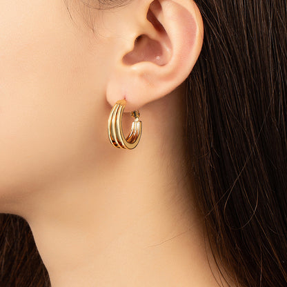 18K Gold-Plated Layered Huggie Earrings, gold huggie earrings, botanical inspired, styled look