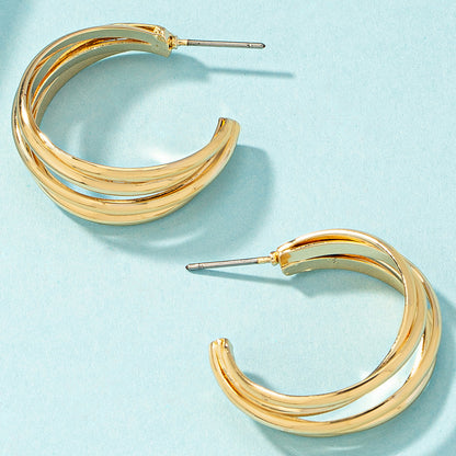 18K Gold-Plated Layered Huggie Earrings, gold huggie earrings, vintage-inspired design, front view