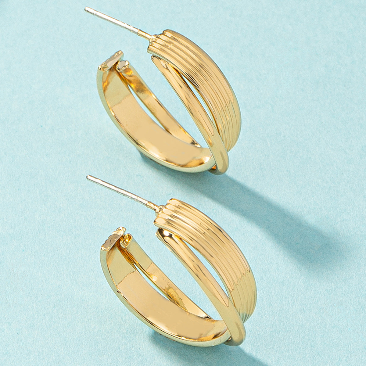 18K Gold-Plated Stripe Huggie Earrings, gold huggie earrings, dainty minimalist design, side view