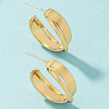 18K Gold-Plated Stripe Huggie Earrings, gold huggie earrings, dainty minimalist design, side view