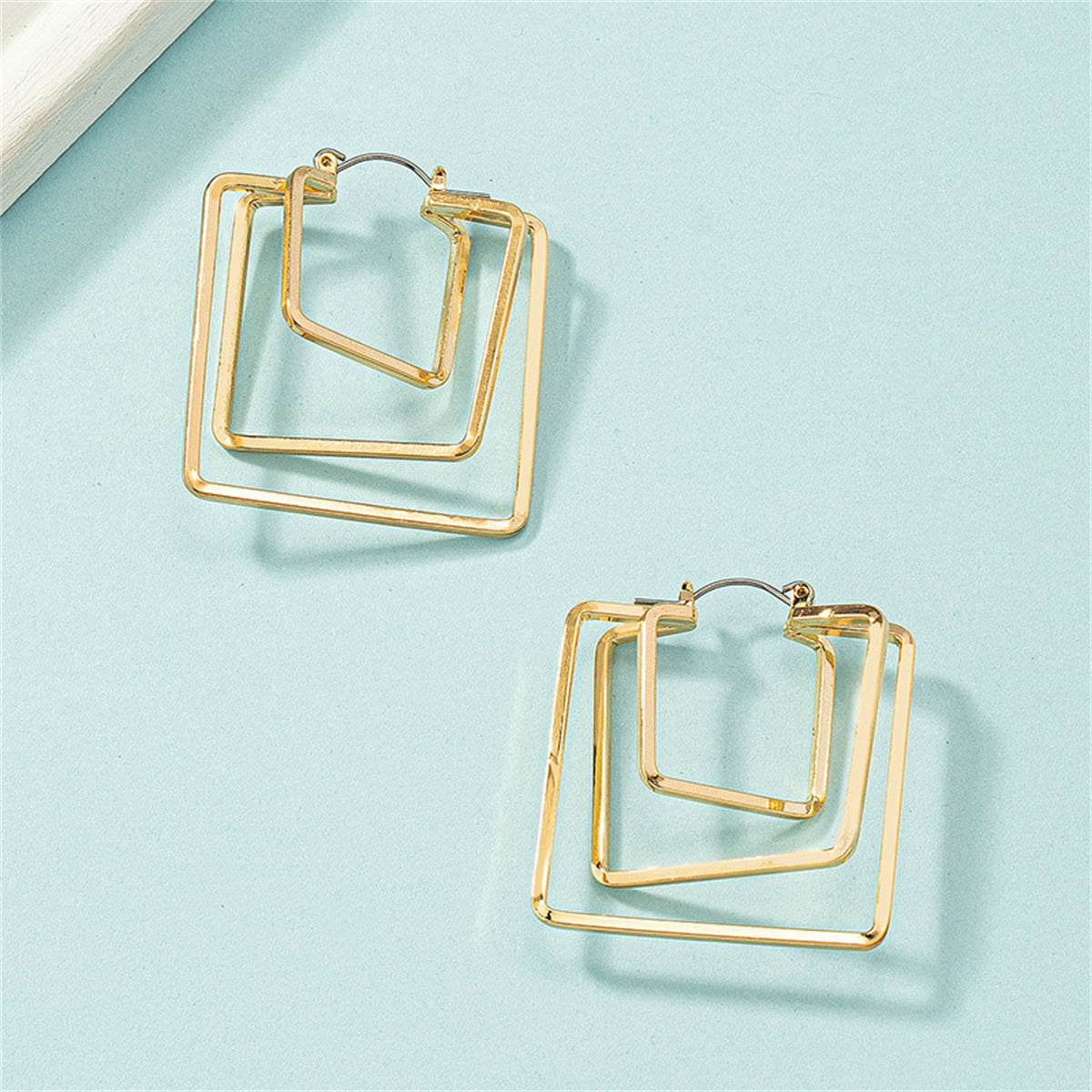 18K Gold-Plated Layered Square Leverback Earrings, gold drop earrings for women, everyday style, front view