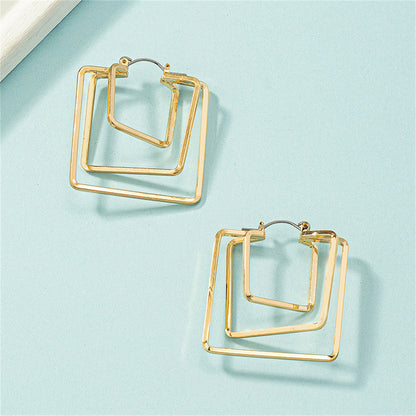18K Gold-Plated Layered Square Leverback Earrings, gold drop earrings for women, everyday style, front view