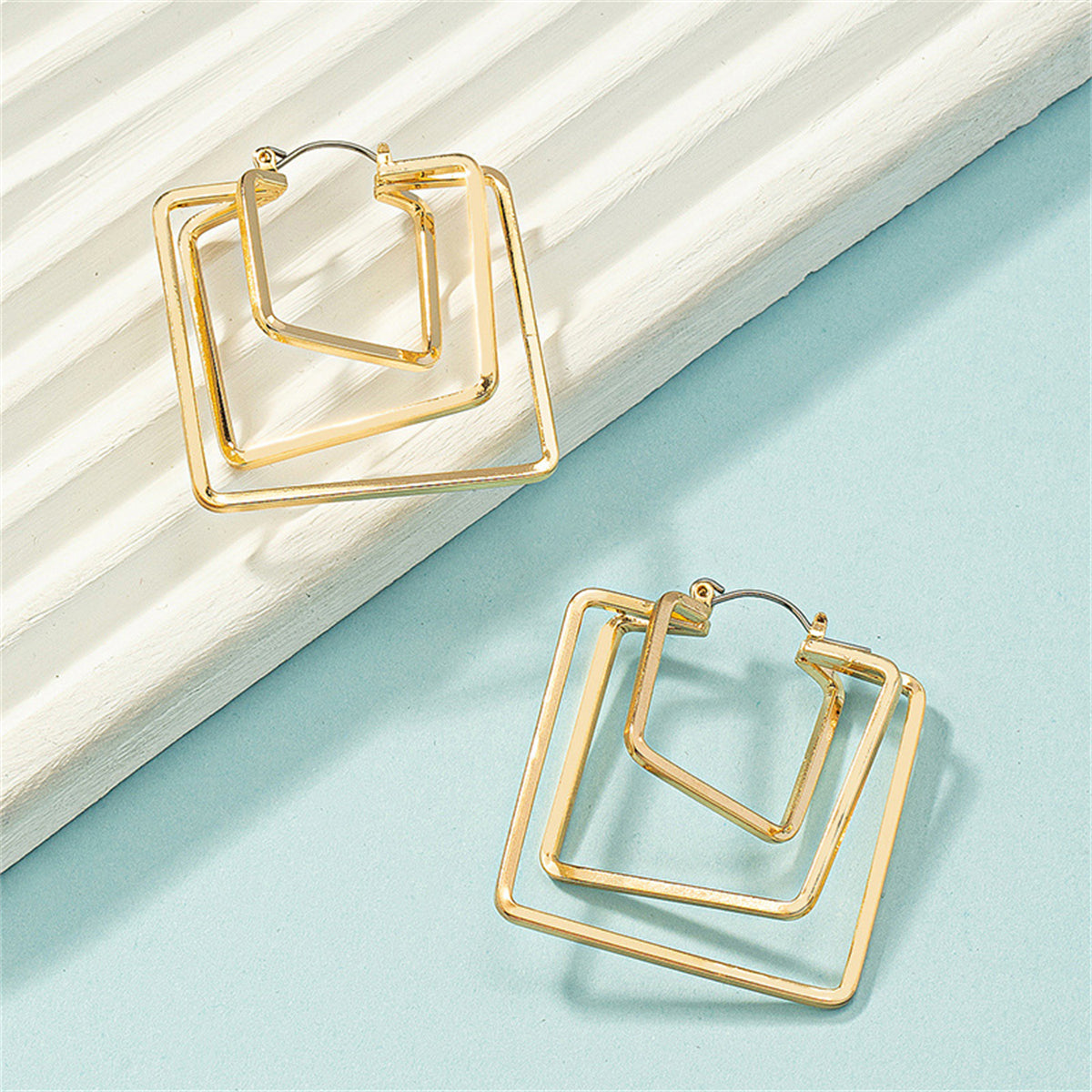 18K Gold-Plated Layered Square Leverback Earrings, gold drop earrings for women, everyday style, detail close-up