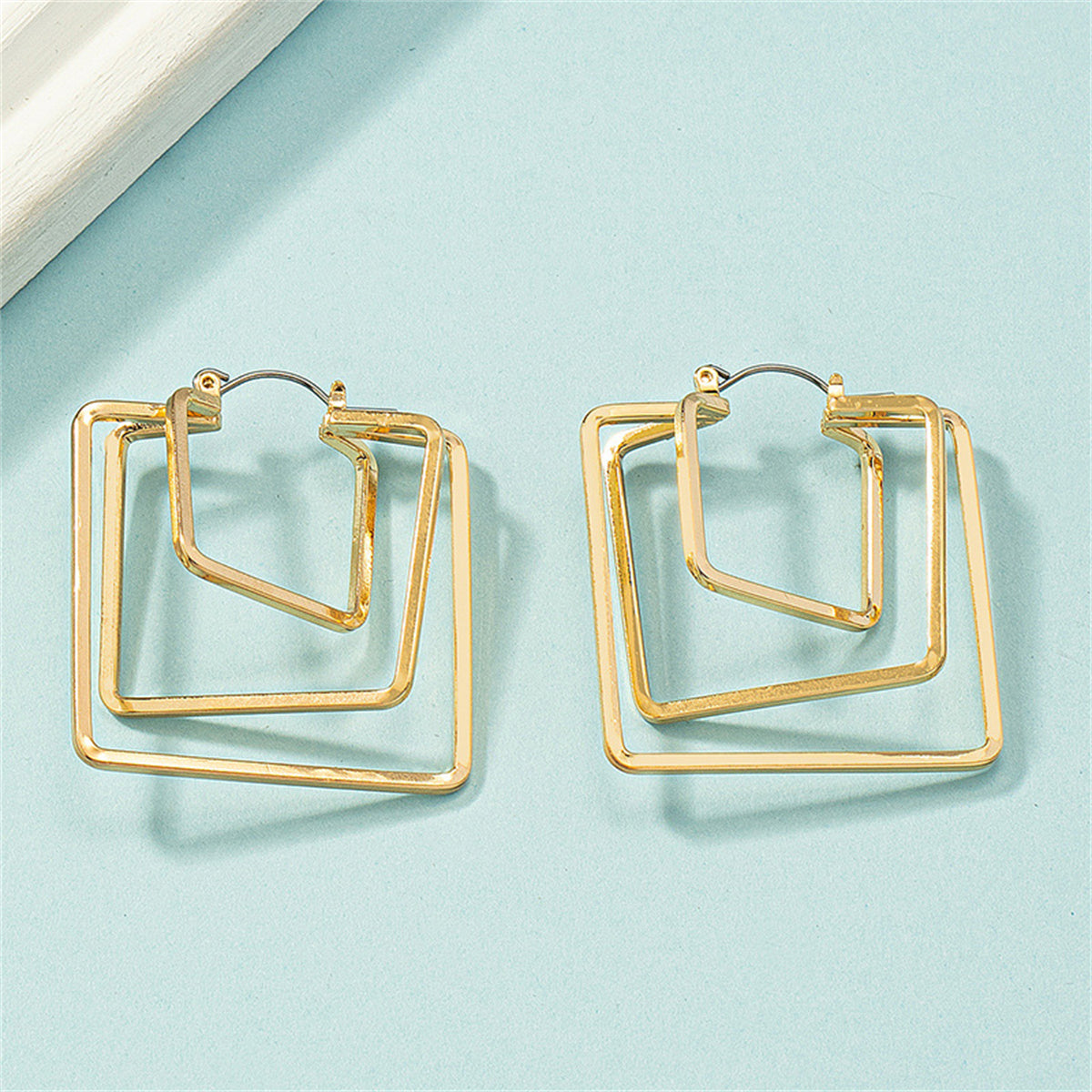18K Gold-Plated Layered Square Leverback Earrings, gold drop earrings for women, everyday style, side view