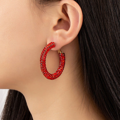 Red Cubic Zirconia and 18K Gold-Plated Hoop Earrings, everyday style, front view