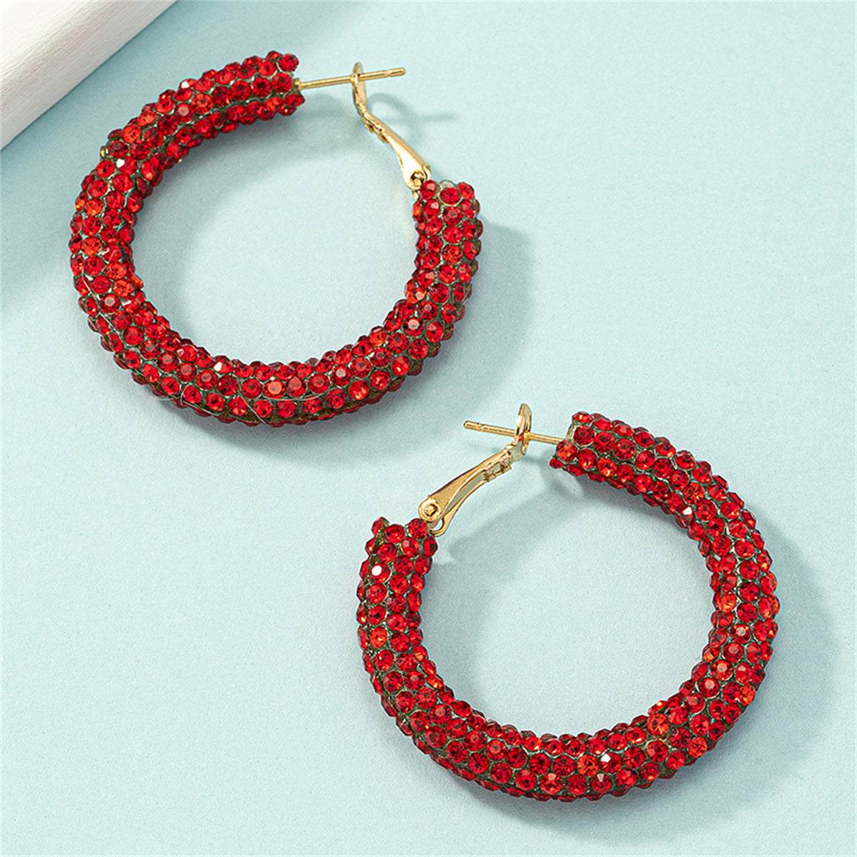Red Cubic Zirconia and 18K Gold-Plated Hoop Earrings, everyday style, side view