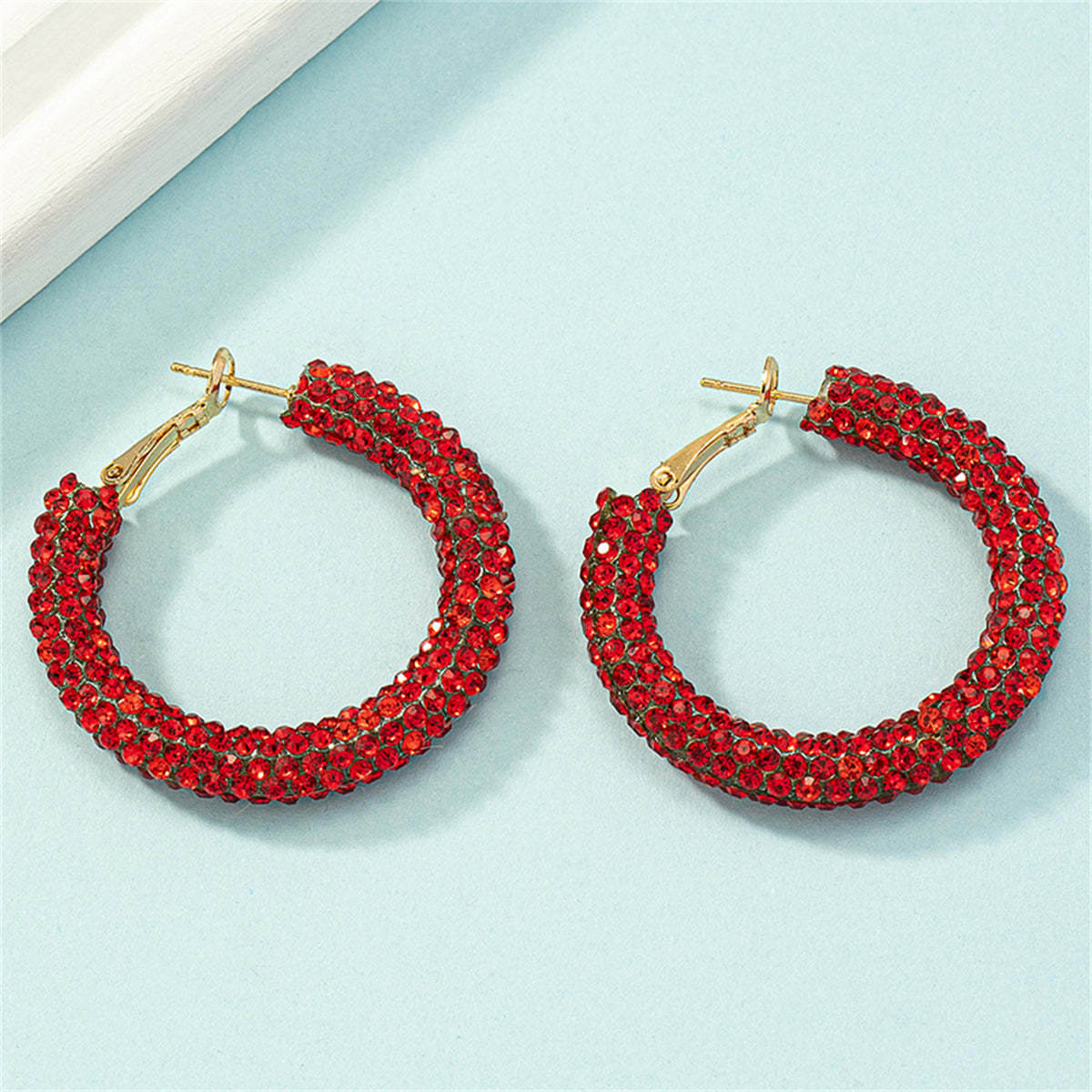 Red Cubic Zirconia and 18K Gold-Plated Hoop Earrings, everyday style, detail close-up