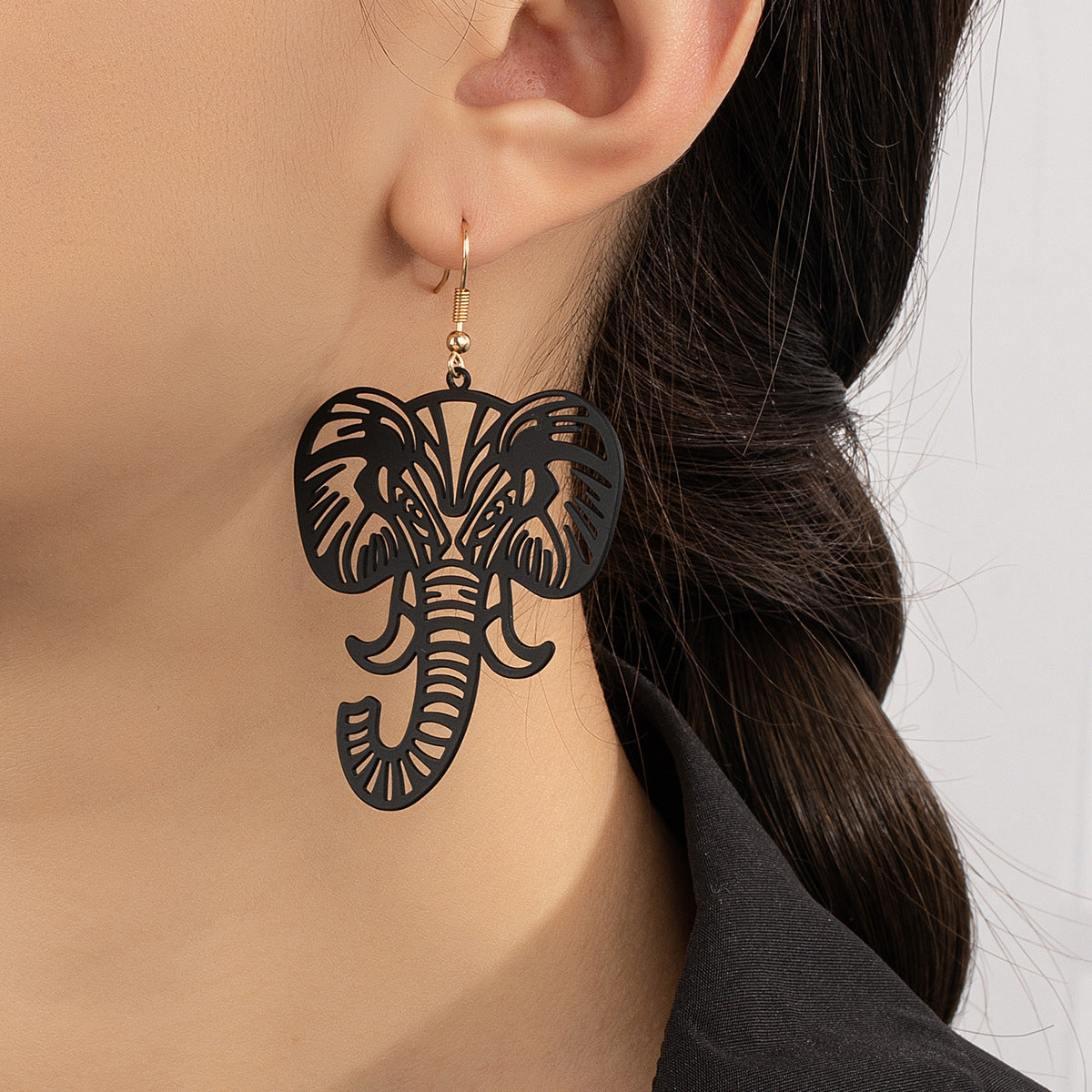 Black Enamel and 18K Gold-Plated Elephant Drop Earrings, gold drop earrings for women, dainty minimalist design, front view