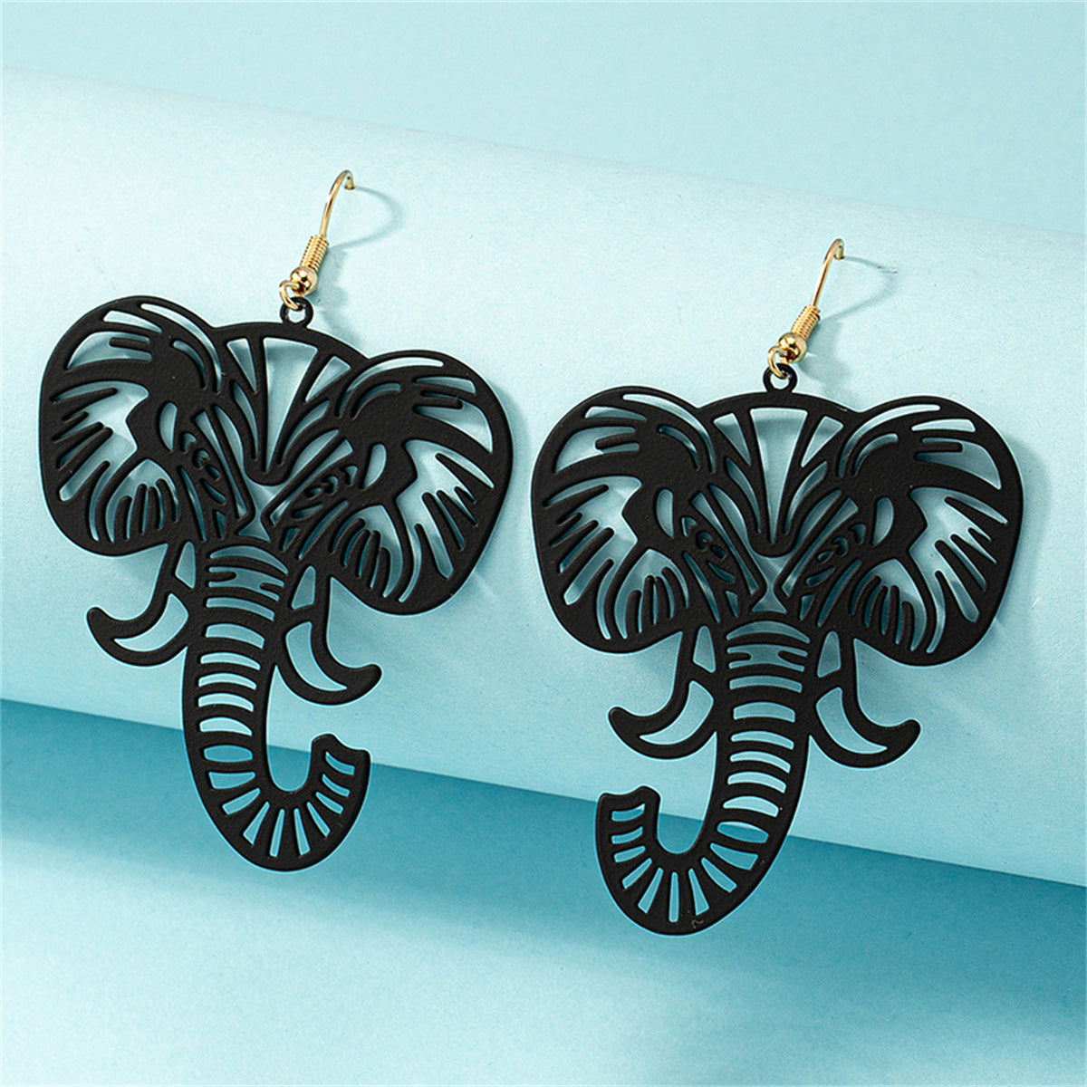 Black Enamel and 18K Gold-Plated Elephant Drop Earrings, gold drop earrings for women, dainty minimalist design, side view