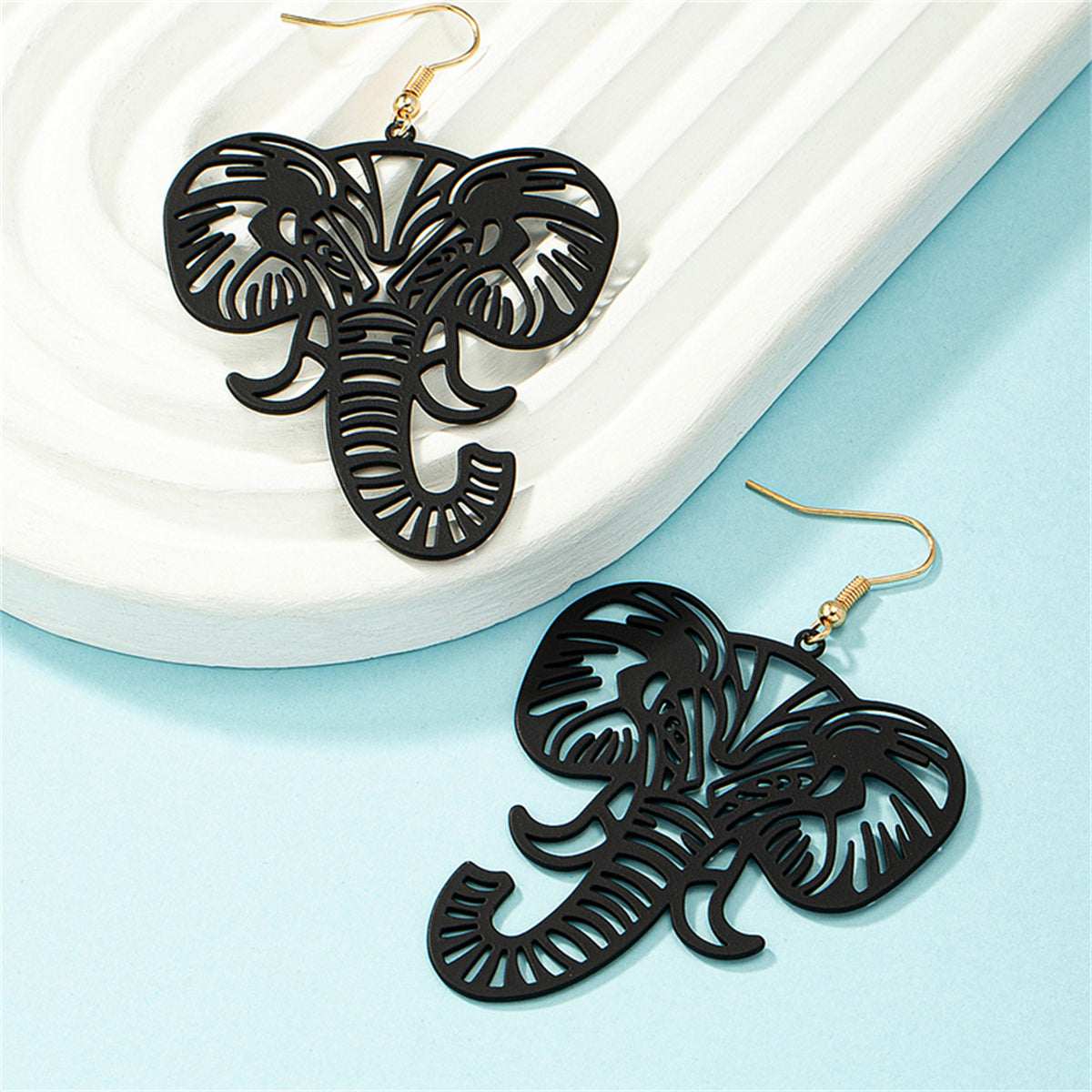 Black Enamel and 18K Gold-Plated Elephant Drop Earrings, gold drop earrings for women, detail close-up