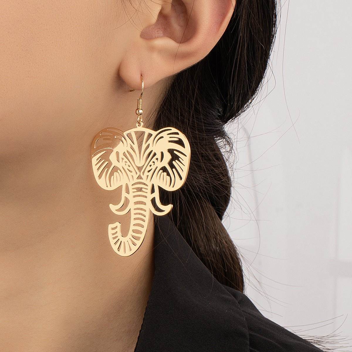 18K Gold-Plated Elephant Drop Earrings, gold drop earrings for women, dainty minimalist design, front view
