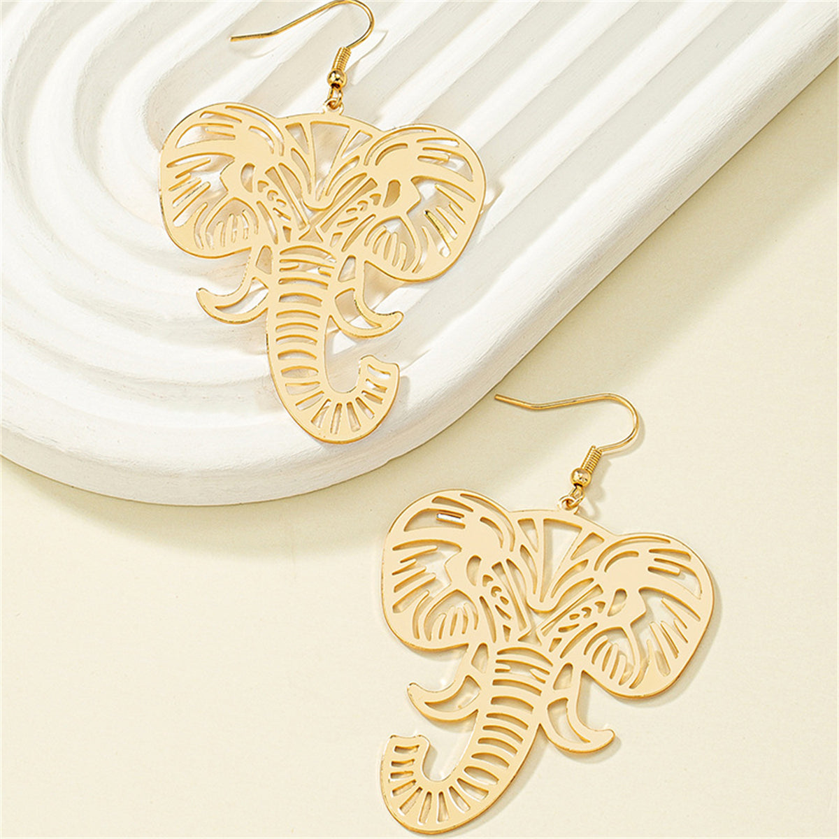 18K Gold-Plated Elephant Drop Earrings, gold drop earrings for women, dainty minimalist design, detail close-up