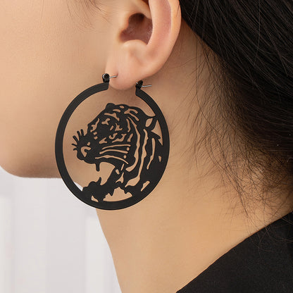 Black Enamel and Silver-Plated Tiger Hoop Earrings, vintage-inspired design, front view