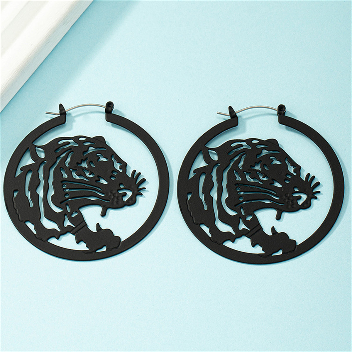 Black Enamel and Silver-Plated Tiger Hoop Earrings, vintage-inspired design, lifestyle look