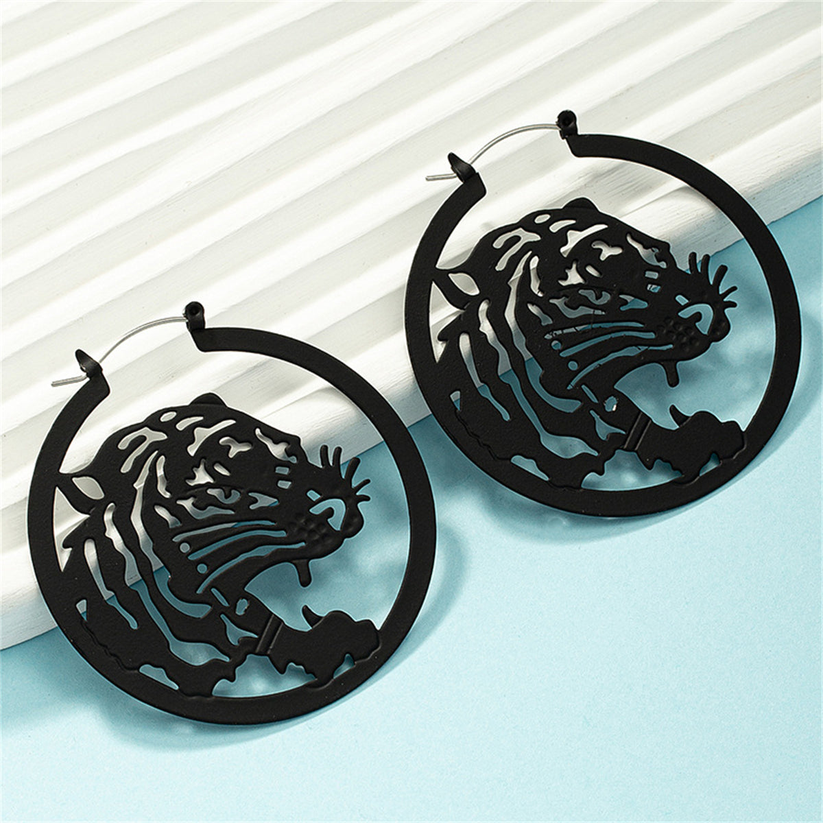 Black Enamel & Silver-Plated Tiger Hoop Earrings