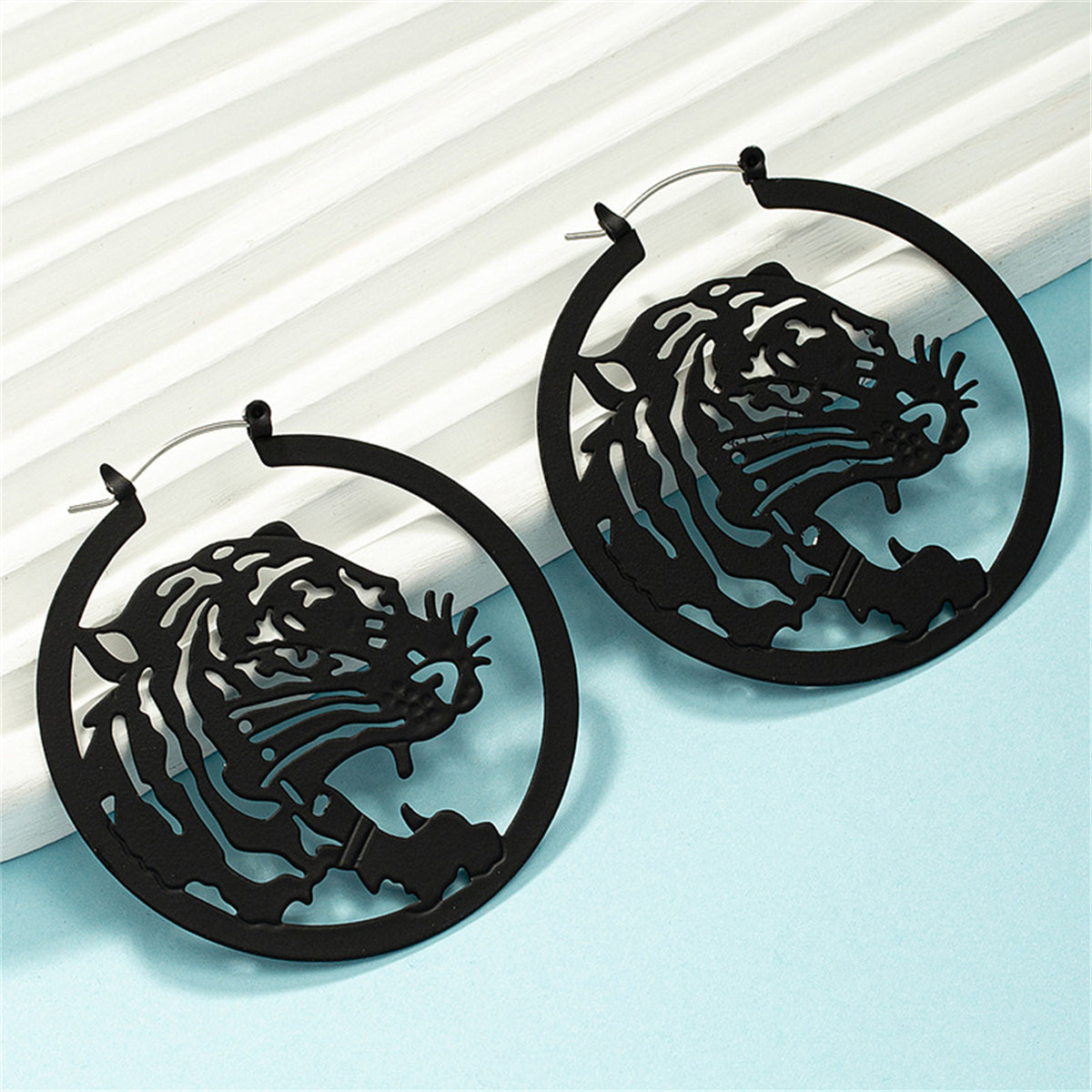 Black Enamel and Silver-Plated Tiger Hoop Earrings, vintage-inspired design, styled look