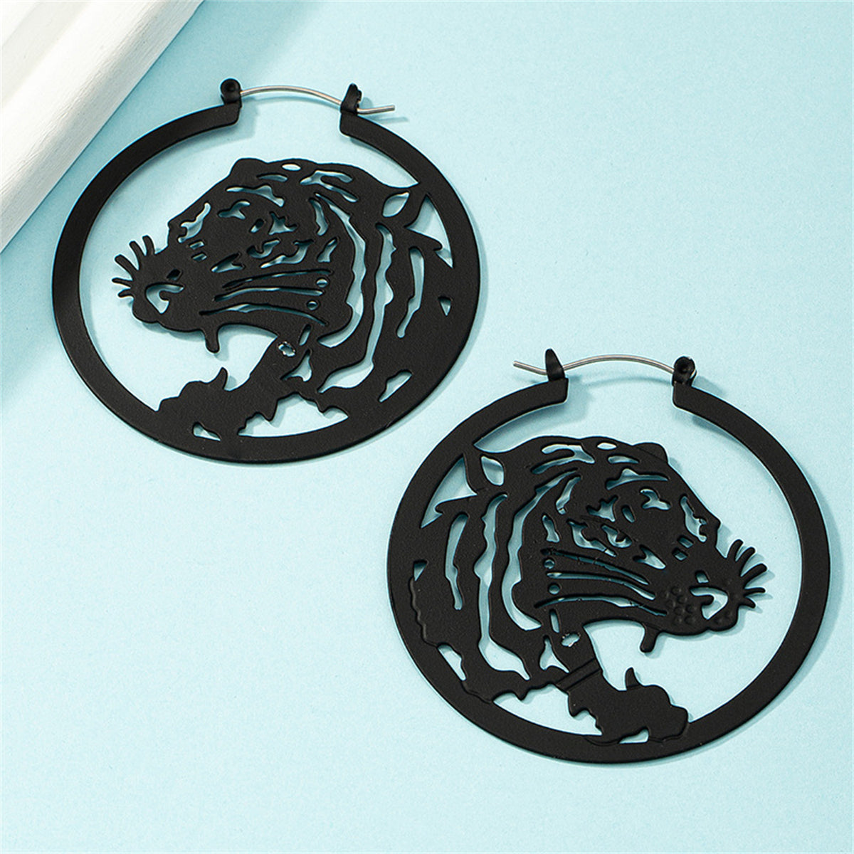 Black Enamel and Silver-Plated Tiger Hoop Earrings, vintage-inspired design, side view