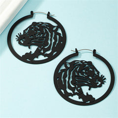 Black Enamel & Silver-Plated Tiger Hoop Earrings