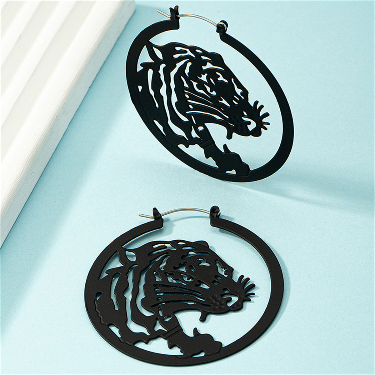 Black Enamel and Silver-Plated Tiger Hoop Earrings, vintage-inspired design, detail close-up