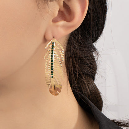 Black Cubic Zirconia and 18K Gold-Plated Feather Drop Earrings, gold drop earrings for women, lifestyle look